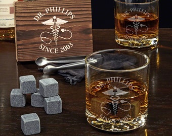 Personalized Whiskey Stone Set - Doctor Gifts, Gift for Med Students, Whiskey Lover Gift, Med School Graduation, Etched Whiskey Glass -