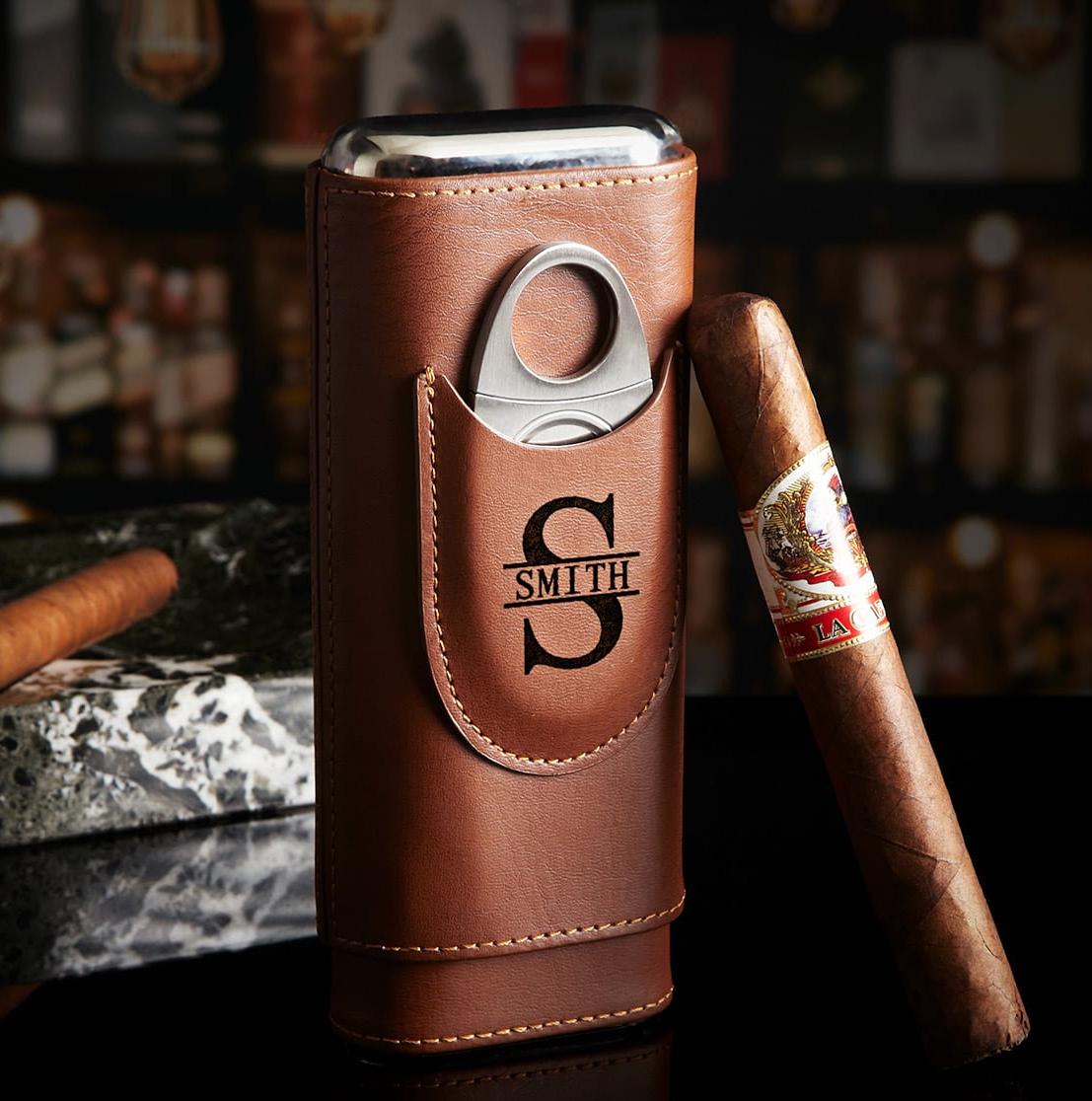 LUBINSKI-Brown Leather Cigar Case Holder, Cedar Wood Cigar Humidor, 3 Stick Cigars With Cutter Gift, CE-008, 2022 - 15