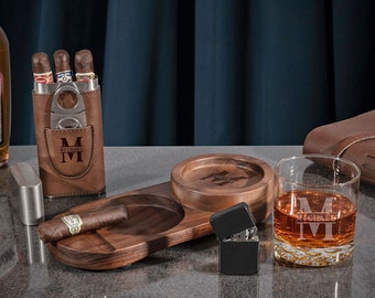 Engraved Cigar Ashtray and Whiskey Glass Gift Set - Custom Cigar Case for Dad, Whiskey and Cigars Drink Holder, Cigar Gifts *