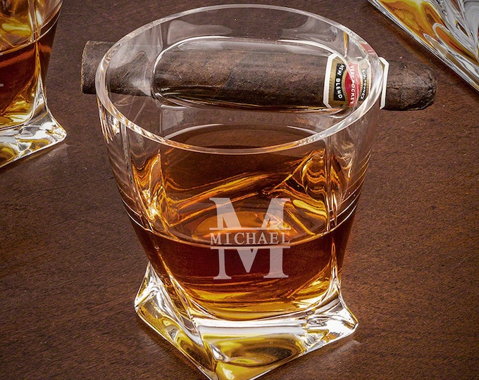 Personalized Twist Whiskey Cigar Glass -  Engraved Whiskey Glass with Cigar Holder Glass, Rocks Glass, Etched Bourbon Glass, Cigar Gifts *
