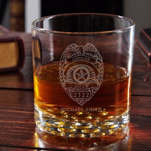 Personalized Police Whiskey Glass - Police Officer Gift, Etched Rocks Glass, Policeman Retirement Law Enforcement Graduation Gifts Custom *