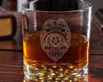 Personalized Police Whiskey Glass - Police Officer Gift, Etched Rocks Glass, Policeman Retirement Law Enforcement Graduation Gifts Custom *