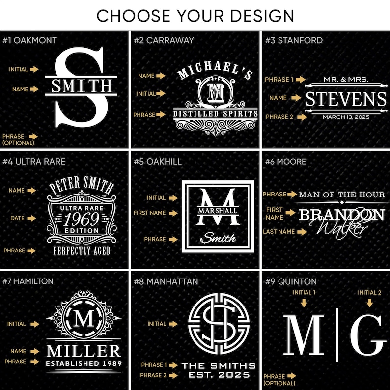 May include: Nine different designs for personalized engraved wood signs. Each design features a different font style, monogram, and phrase. The designs include names, dates, and phrases like "Man of the Hour" and "Perfectly Aged".