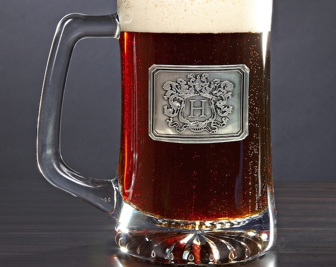 Personalized Beer Mug Monogrammed Crest - Custom Beer Stein with Handle, Big Beer Mug