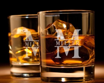 Etched Whiskey Glass Set of 2 - Custom Whiskey Glasses, Etched Rocks Glass, Whiskey Glass Set, Old Fashioned Glass,