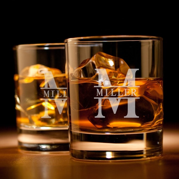 Etched Whiskey Glass Set of 2 - Custom Whiskey Glasses, Etched Rocks Glass, Whiskey Glass Set, Old Fashioned Glass,