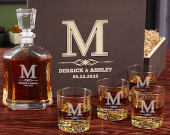 Custom Bourbon Decanter with Rocks Glasses - Engraved Decanter Set, Etched Whiskey Glasses, Bourbon Decanter Set -