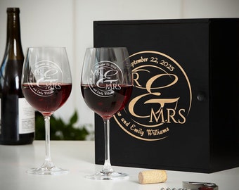 Engraved Wine Glass Set - Personalized Wine Box, Wedding Gift Idea