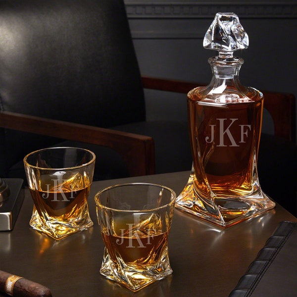Twist Custom Whiskey Decanter Set with Box - Engraved Decanter, Whiskey Glasses, Personalized Gifts, Father's Day Decanter Gifts
