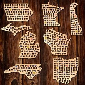 Home State Beer Cap Map - Made in USA, Birch Wood Map,  Beer Cap Holder,  All 50 States Available! -