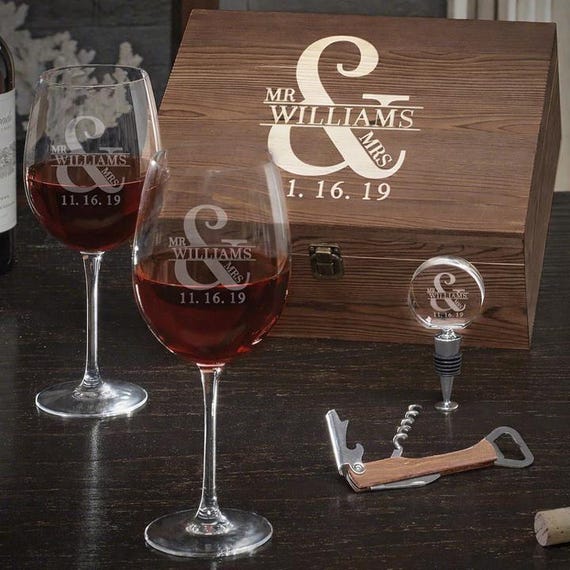 Etched Wine Glass Gift Box Set With Engraved Wine Stopper - Custom  Glassware for Wine Lovers, Anniversary Wine Gift Set - Etsy