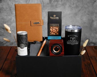 Elite Professional Gift Basket - Appreciation Gifts, Coffee Themed Gift Basket, Customized Journal and Pen
