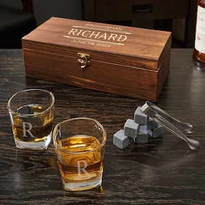 Whiskey Stones & Custom Whiskey Glasses Box Set – Whiskey Lover Gift, Groomsmen Gift, Best Man Gift , Whiskey Glass Set