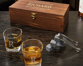 Whiskey Stones and Custom Whiskey Glasses Box Set - Whiskey Lover Gift, Whiskey Glass Set, Groomsmen Gift, Best Man Gift -