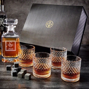 Engraved Whiskey Decanter Set with Box - Personalized Whiskey Decanter, Whiskey Stones, Luxury Whiskey Rocks Glasses,  Engraved Decanter