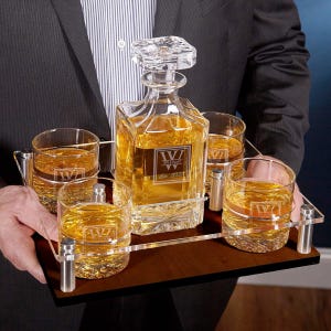 Custom Bourbon Serving Tray with Decanter Set - Personalized Bourbon Decanter, Etched Rocks Glasses, Gift for Bourbon Drinker