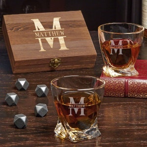 Etched Rocks Glasses and Whiskey Stones Gift Set - Whiskey Glasses, Chilling Stones -