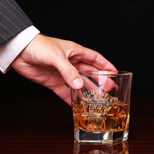 Close-up of a personalized whiskey glass etched with a custom design, showcasing the elegant details of the engraving.