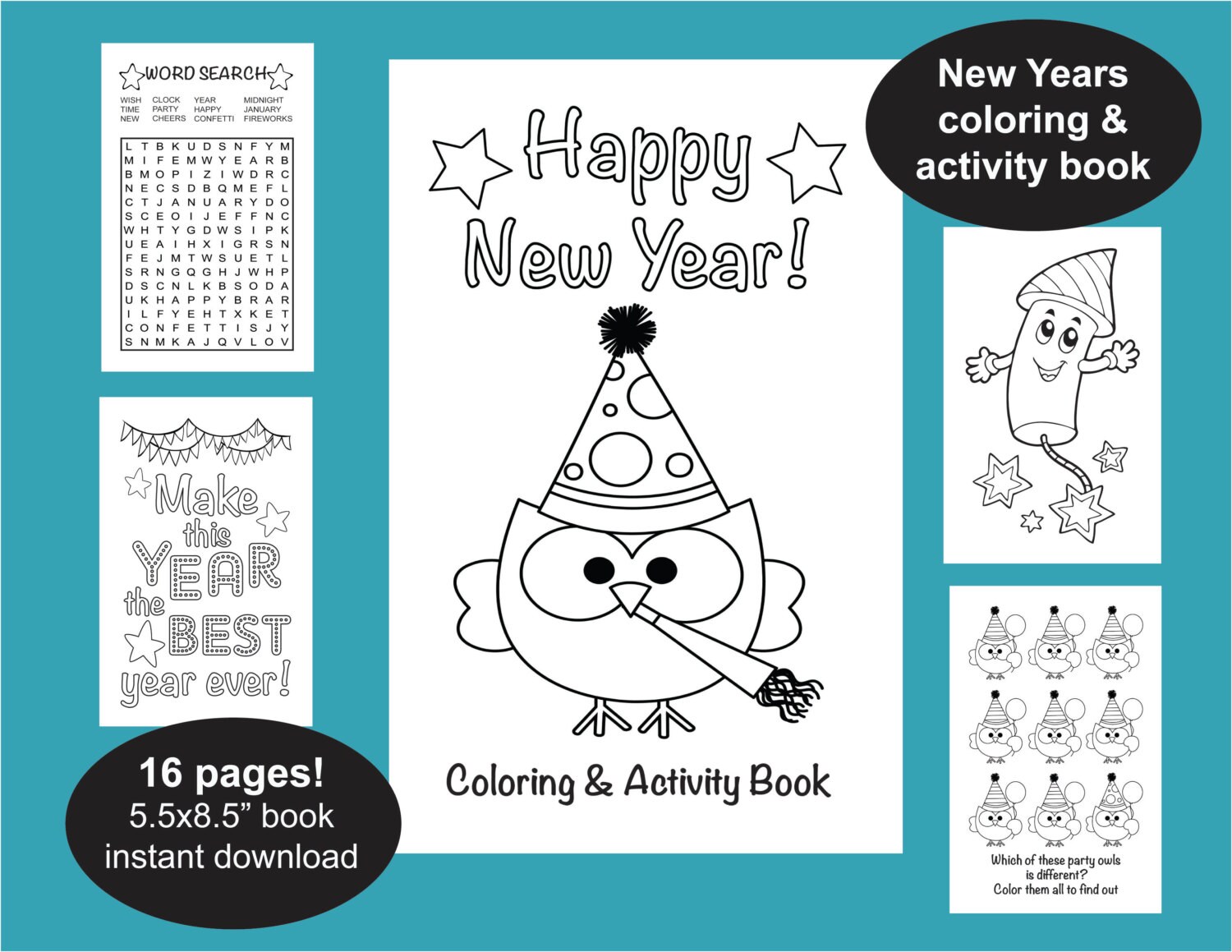 New Years Coloring & Activity Book, Printable Coloring Book, Instant Download, Kids New Year Coloring, Holiday Activity, Coloring Page