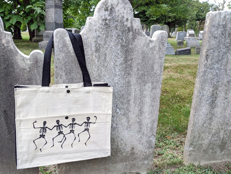 Great for Trick or Treating Skeletons Dancing on a Grave Transfer Printed on a Sturdy Canvas Tote Bag the Beach Shopping Books and More