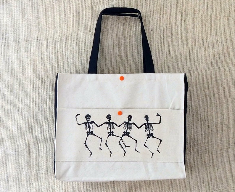 Great for Trick or Treating Skeletons Dancing on a Grave Transfer Printed on a Sturdy Canvas Tote Bag the Beach Shopping Books and More