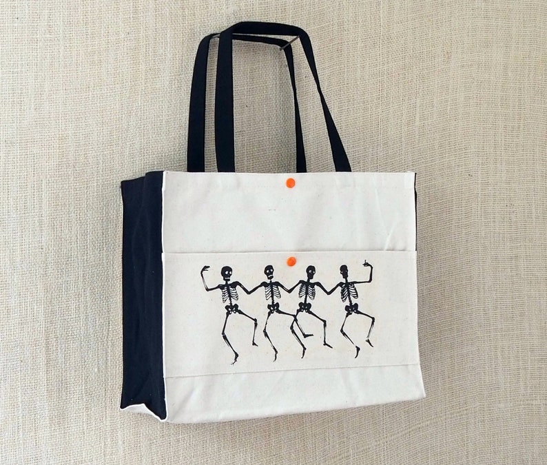 Great for Trick or Treating Skeletons Dancing on a Grave Transfer Printed on a Sturdy Canvas Tote Bag the Beach Shopping Books and More