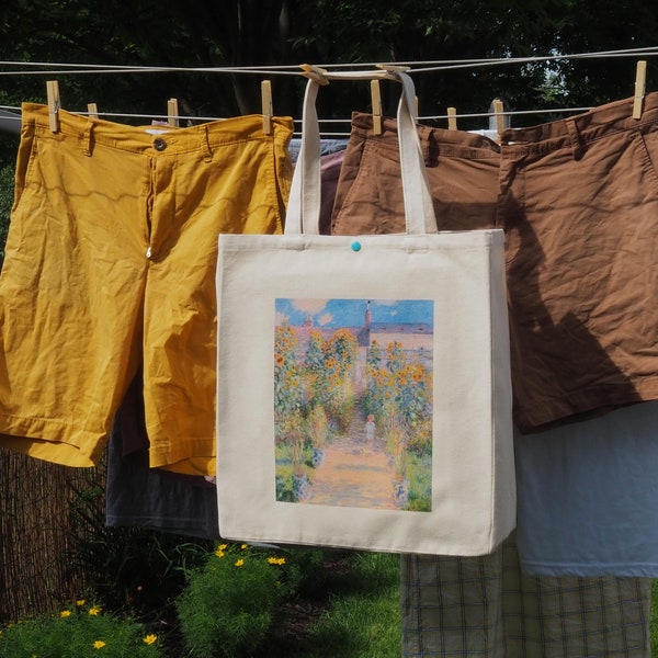 Monet's, The Artist's Garden at Vétheuil Transfer Printed on a Sturdy Canvas Tote Bag. Great for Shopping, or Farmers Markets