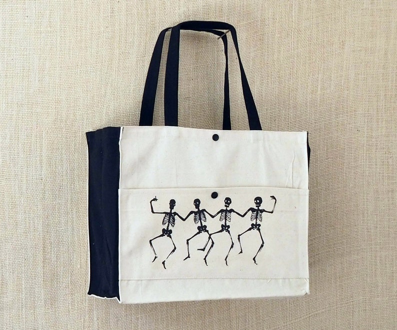 Great for Trick or Treating Skeletons Dancing on a Grave Transfer Printed on a Sturdy Canvas Tote Bag the Beach Shopping Books and More