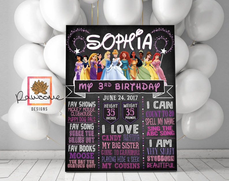 Disney Princess Themed Birthday Party CUSTOM DESIGNED! Great for any Age Milestones Chalkboard