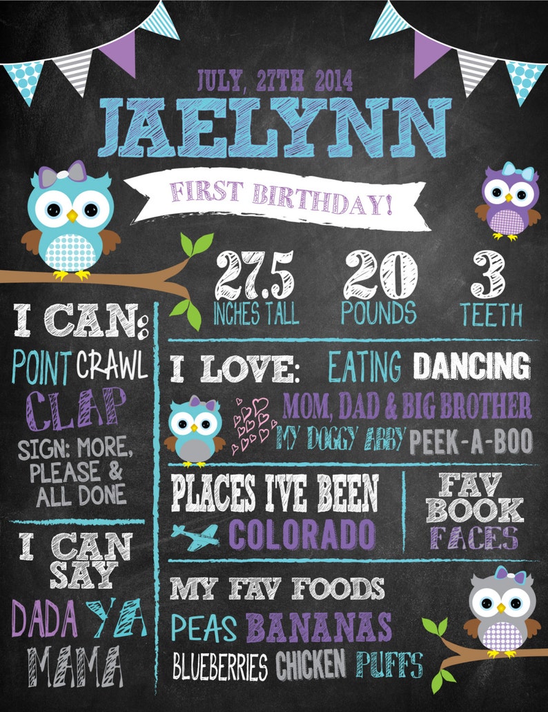 Owl First Birthday Chalkboard ANY AGE Totally Etsy