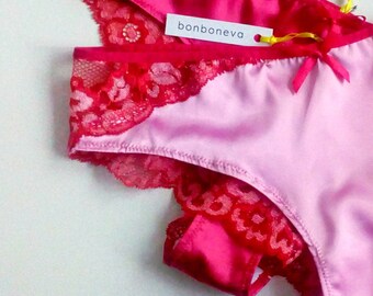 Red and Pink Lace Zina Brazilian Cut Knickers with Lace Back, Girlfriend Gift Sexy Cheeky Satin Pantie by Bonboneva