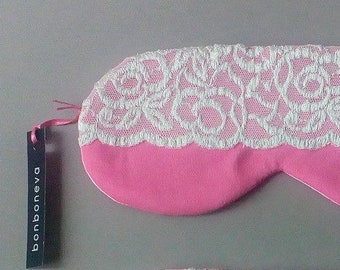 White Roses Lace over Pink Cotton Sleeping Mask  - Fully Blocked Light