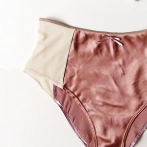 Natural Waist Satin Knickers with Sheer Mesh Sides - Soft Caramel and Beige Panties, No side Seams Undies, Natural Satin Knickers