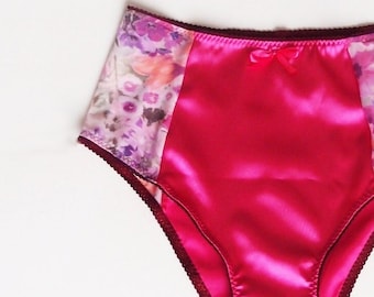 Gina Fuchsia Satin Knickers with Sheer Sides, Satin Panties, Bright Satin Lingerie, French Cut Panties - Satin & Mesh by Bonboneva