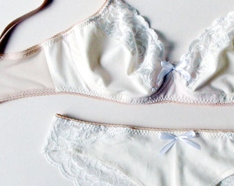 Ecru Cotton and Lace Lingerie Set - Soft Bra and Brazilian Cut All Lace Back Panties Lingerie Set