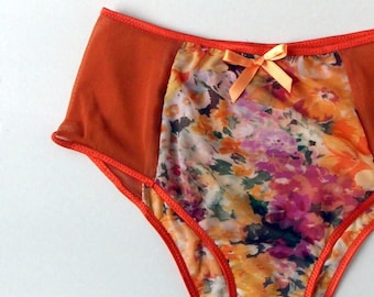 Gina Sheer Natural Waist Knickers "Floral Sangria" – See-through Mesh Panties in Orange Mesh and Sheer Floral Print by Bonboneva