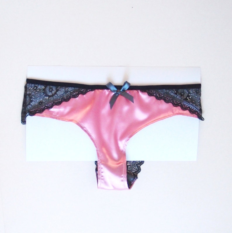 Zina Sexy Pink Satin and Grey Lace Cheeky Brazilian Knickers by Bonboneva image 3