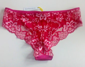 Red and Pink Lace Zina Brazilian Cut Knickers with Lace Back, Girlfriend Gift Sexy Cheeky Satin Pantie by Bonboneva