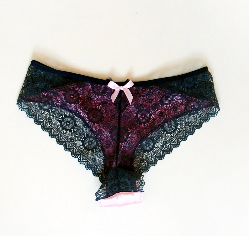 Zina Sexy Pink Satin and Grey Lace Cheeky Brazilian Knickers by Bonboneva image 2