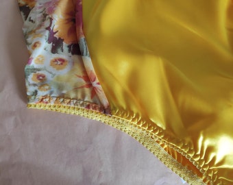 Gina Bright Yellow Satin Knickers with Sheer Floral Print Sides - French Cut Natural Waist Satin Panties by Bonboneva