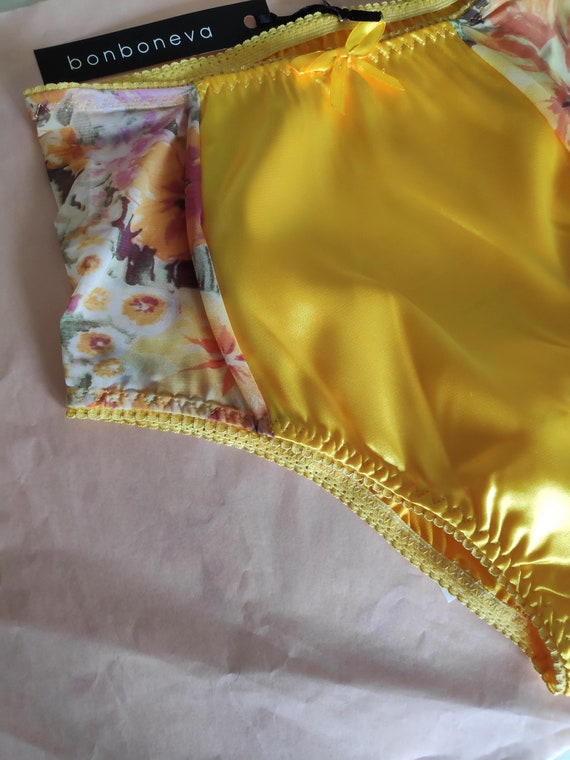 Gina Bright Yellow Satin Knickers With Sheer Floral Print Sides