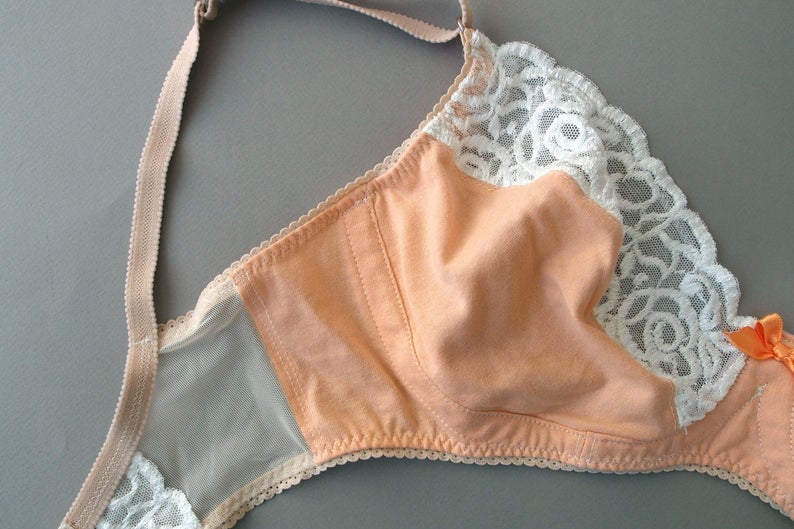 Melon Cotton and Lace Lingerie Set by Bonboneva Soft Cotton Lace Bra and French Cut Cotton and Sheer Mesh Princess Panties Set image 2