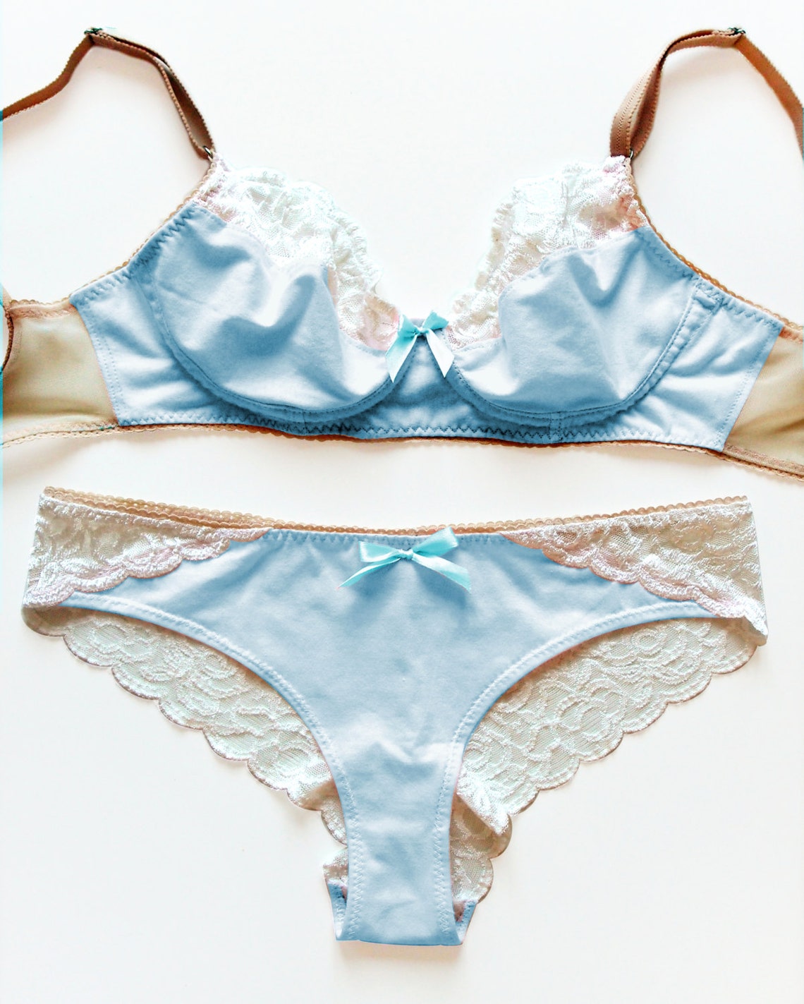 Baby Blue Cotton and Lace Lingerie Set Soft Bra and | Etsy