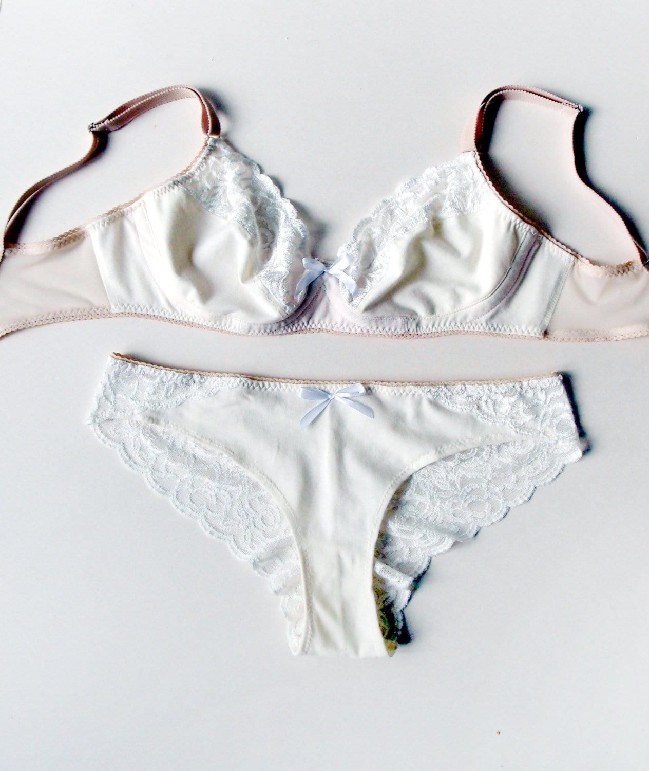 Ecru Cotton and Lace Lingerie Set Soft Bra and Brazilian Cut All Lace Back  Panties Lingerie Set 