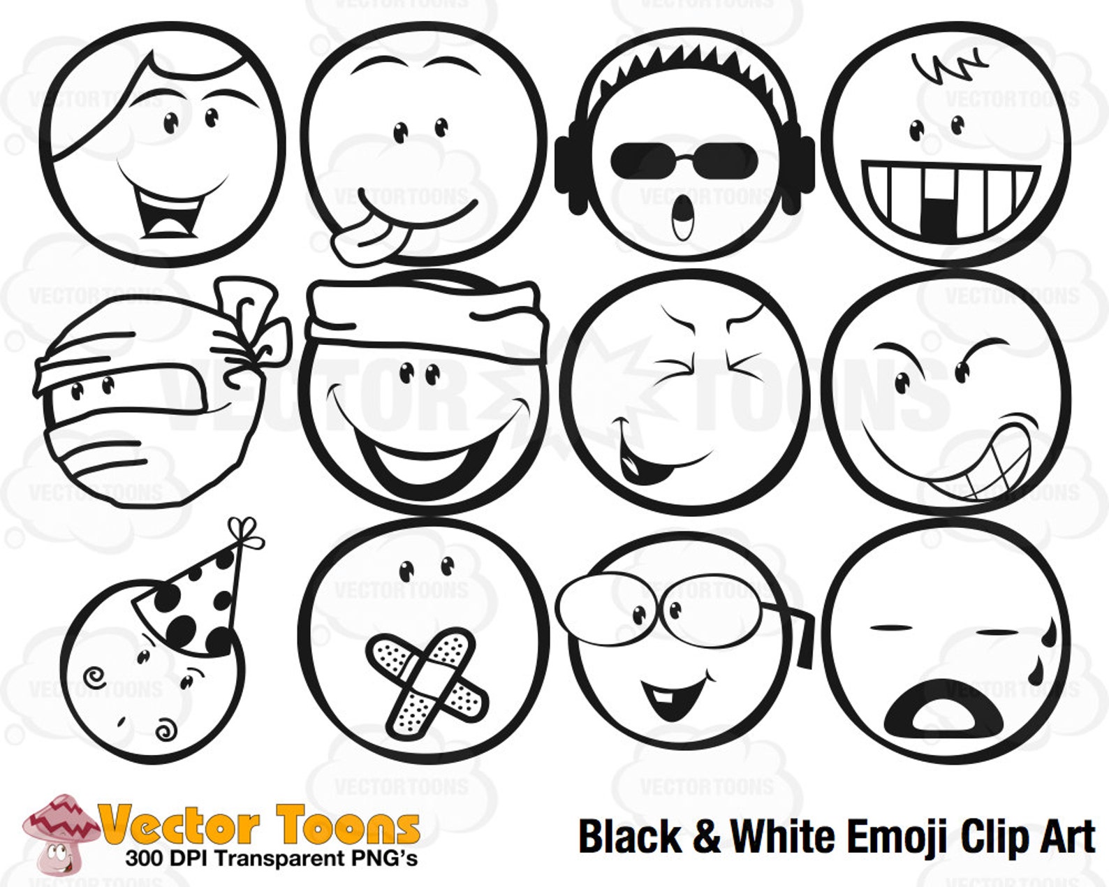 Negro y blanco Emoji Clip Art Digital gráfico gráfica Etsy