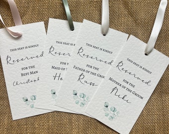 Eucalyptus wedding reserved tags, wedding ceremony reserved seating tag, personalised name tags wedding minimal design