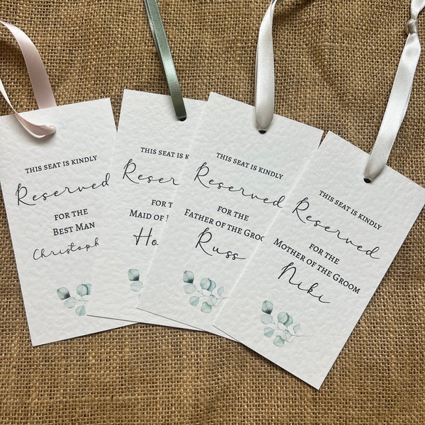 Eucalyptus wedding reserved tags, wedding ceremony reserved seating tag, personalised name tags wedding minimal design