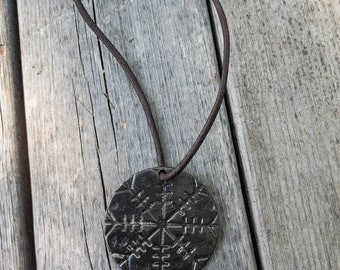 Helm Of Awe Natural Iron Unisex Pendant - Hand Forged Medieval Inspired Viking Jewelry Necklace Accessory with Leather Cord