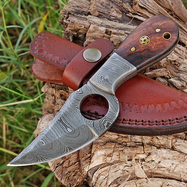 Dewdrop Deer Skinner Knife - Collectible Damascus Steel Full Tang Fixed Blade Knife with Finger Hole