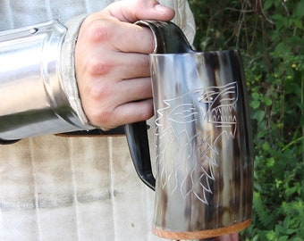 Norse Viking Tankard Fenrir Engraved Drinking Horn Mug